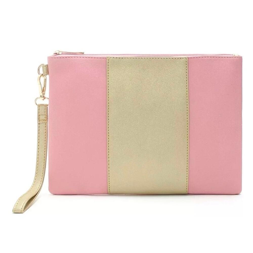 NIB Cabana Shimmer Pink and Gold Color-blocked Wristlet Clutch